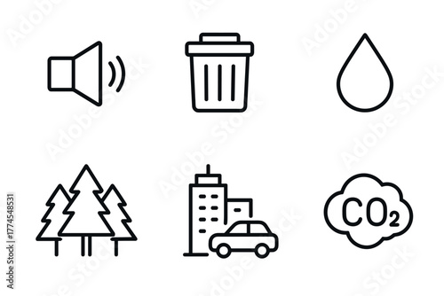 Minimalist line art icons of environmental and urban concepts