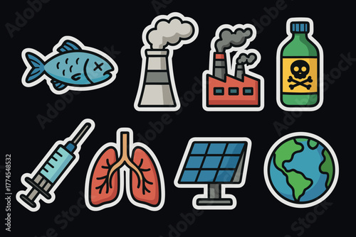 Environmental pollution and solutions in colorful sticker icons on black background