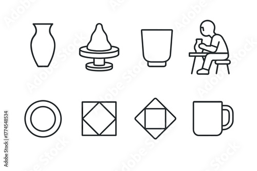 Pottery craft icons linear designs of vases, cups, and artisan at work