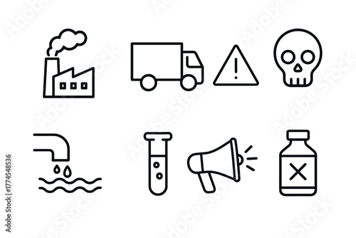 Linear icons of pollution, toxicity, and hazard awareness for infographics