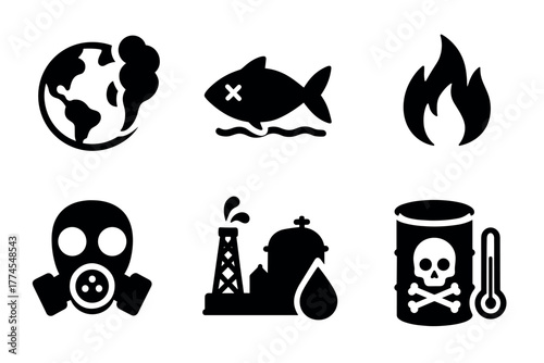 Environmental crisis icons set pollution, oil, toxic waste, climate change, extinction