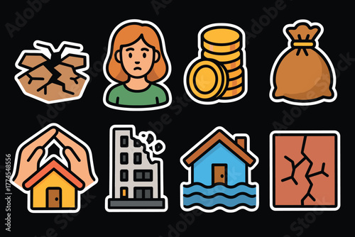 Earthquake impact icons insurance, damage and financial concerns illustrated