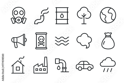 Outline icons depicting pollution and environmental issues