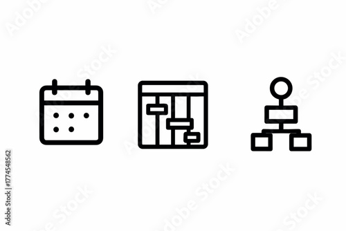 Minimalist icons calendar, gantt chart, flowchart for business planning