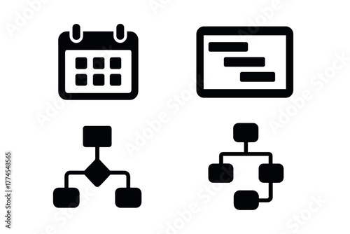 Minimalist icons set featuring calendar, gantt chart, flowchart, and network diagram