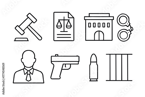 Legal and crime outline icons gavel, handcuffs, gun, jail, and justice symbols