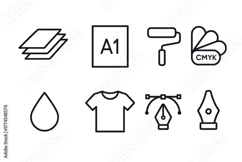 Essential printing and design icons set in minimalist linear style