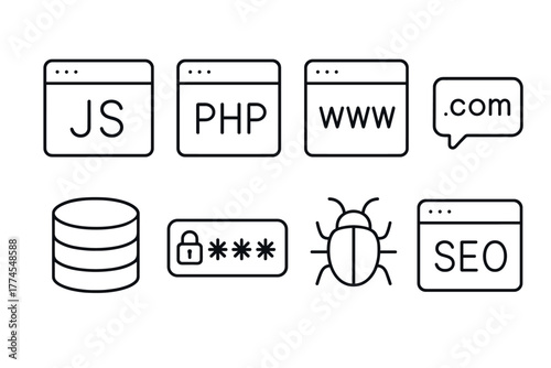 Minimalist line icons of web development elements with tech and security symbols