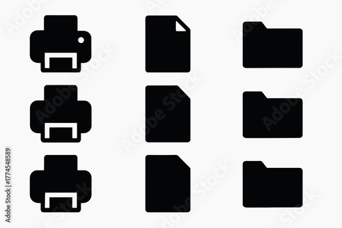 Office item icons printers, documents, and folders in simple black silhouette style