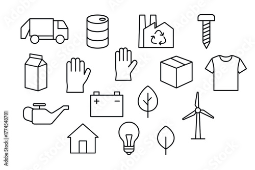 Ecofriendly icons waste management, recycling, and renewable energy in simple line art