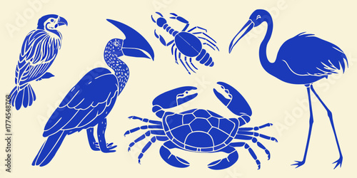 Collection of blue silhouette animals including a parrot hornbill ibis scorpion and crabs on a cream background