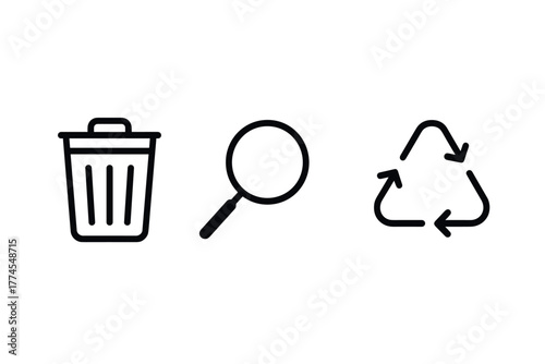 Minimalist icons trash bin, magnifying glass, recycling symbol for ecofriendly search themes