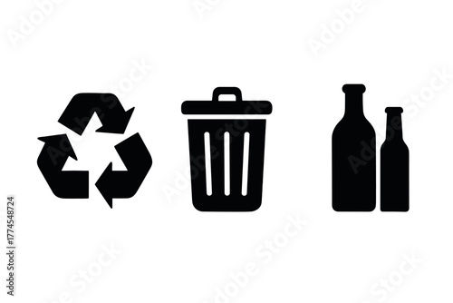 Recycling and waste management icons featuring trash bin and bottles
