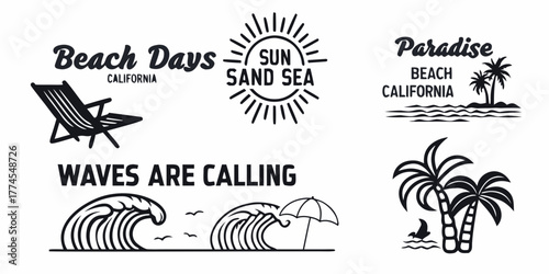 Collection of california beach and summer vacation themed graphic elements and slogans