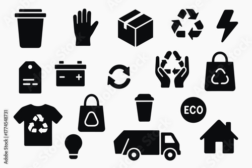 Ecofriendly icons set silhouette designs for recycling and sustainability