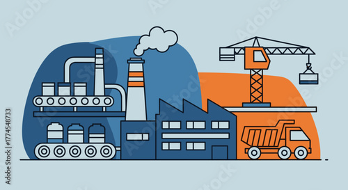 Industrial illustration factory conveyor belt construction crane and dump truck Manufacturing concept
