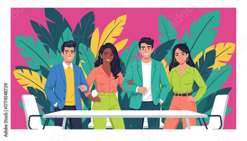 Diverse smiling professional team standing behind a table in a vibrant creative office setting