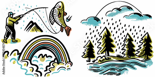 Fisherman catches big fish under rainbow and rain pine trees by river