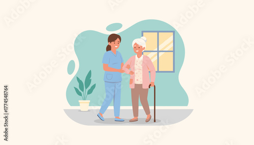 Caregiver assists smiling senior woman with walking showing support and professional elderly care