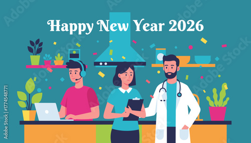 Happy New Year 2026 greeting for medical and support professionals teamwork illustration