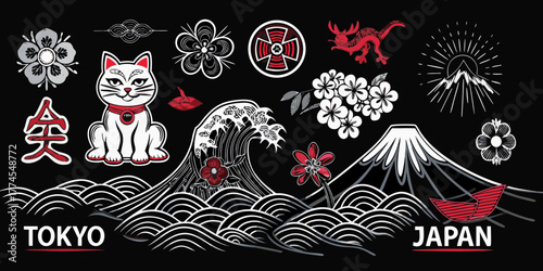 Vibrant japanese cultural icons including mount fuji waves lucky cat dragon and cherry blossoms on black background