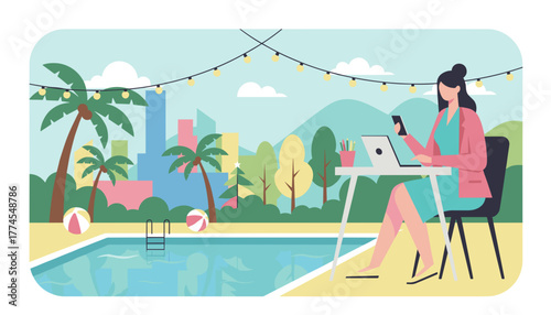 Woman works remotely by the pool with laptop and smartphone Flexible job and digital nomad lifestyle