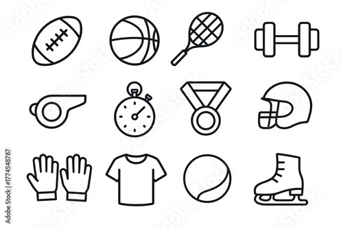 Collection of linear sports icons featuring equipment and apparel