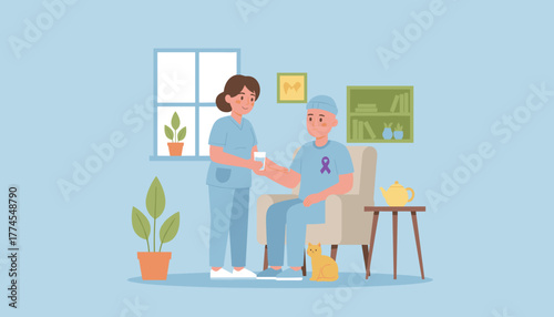 Nurse assists ill male patient with medication at home Medical care illness support flat illustration