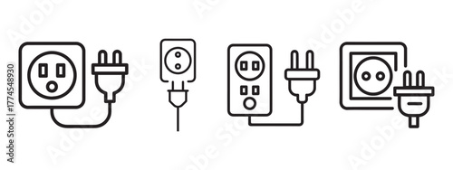 Electrical plug and socket icon set, power outlet and connector vector line art collection.