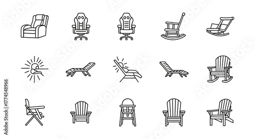 chair icons diverse seating options from recliners to sun loungers providing a visual guide for furniture selection and interior design projects