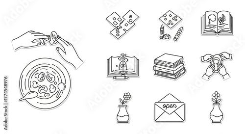 Craft project tutorial hands making dumplings an open book with a fairy tale learning reading and pottery concept for creative education projects.