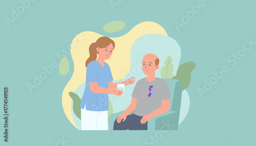 Nurse giving medication to a patient with cancer Healthcare support compassion and recovery concept