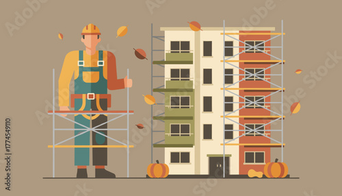 Builder in uniform on scaffolding overseeing apartment renovation in autumn