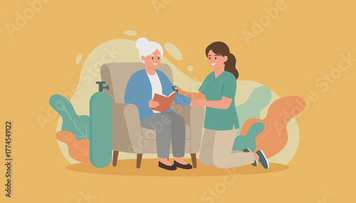 Nurse checks elderly patients vital signs at home Senior care and assistance concept