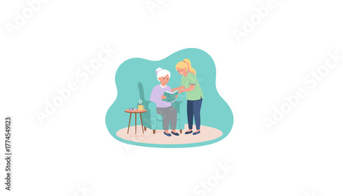 Home caregiver helps senior woman read a book emphasizing elderly assistance and companionship