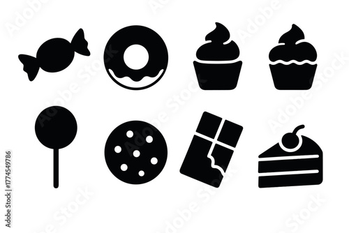 Silhouette icons of sweets and desserts candy, cupcake, donut, and more