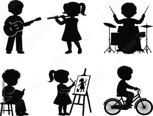 Children activity silhouette set, black vector icons of kids painting, skipping rope, splashing, dancing, balloon play, and creative fun