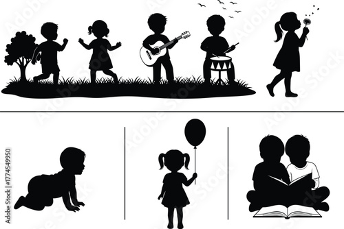 Children activity silhouette set, black vector icons of kids playing music, reading, crawling, dancing, and exploring nature
