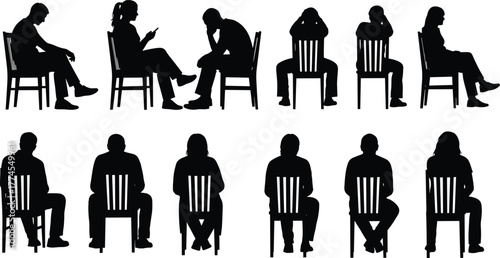 Seated silhouette poses, back view, emotional posture, body language, chair sitting, thoughtful gesture, human behavior, mood, interaction, expression