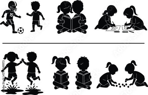 Children activity silhouette set, black vector icons of kids playing soccer, reading, drawing, splashing, and arranging marbles