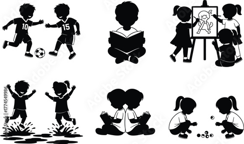 Children activity silhouette set, black vector icons of kids playing soccer, reading, drawing, splashing, and playing with toys