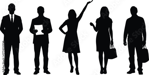 Silhouettes of business people, professional men and women standing, posing with bags and documents, isolated on white background, office team