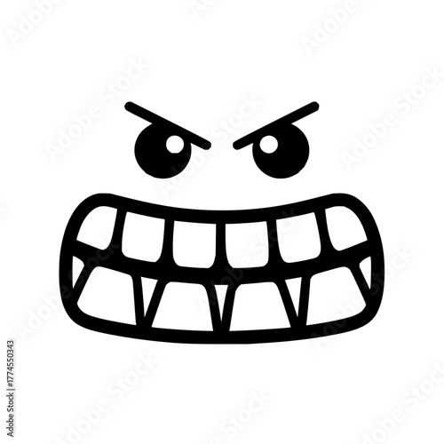 A black and white drawing of an angry face with furrowed brows and clenched teeth showing aggression and rage