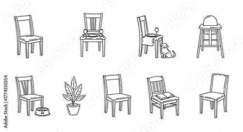 chair illustration various chairs with accessories creating a home interior depicting furniture design interior decorating and domestic comfort.