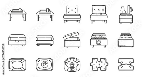 furniture icons table chair ottoman and pet bed designs showcasing home furnishing styles for interior design projects and online furniture catalogs.