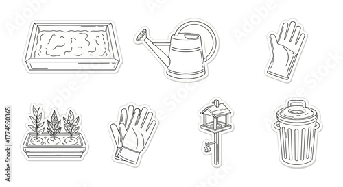 Gardening tools illustration garden chores with watering can plants gloves birdhouse and trash can illustrating spring gardening season.