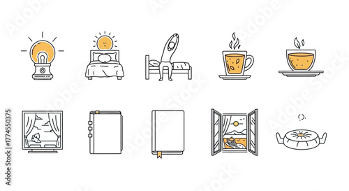 Morning routine icons wake up drink tea open window and a cozy bed illustrating a peaceful morning and relaxation perfect for wellness blogs.