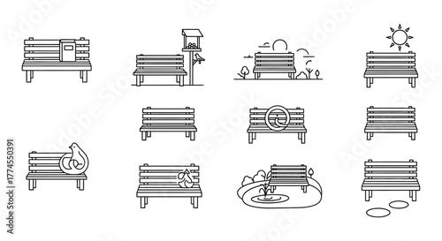 park benches assorted line art icons featuring benches in diverse park settings promoting relaxation and leisure ideal for urban planning and landscape design.