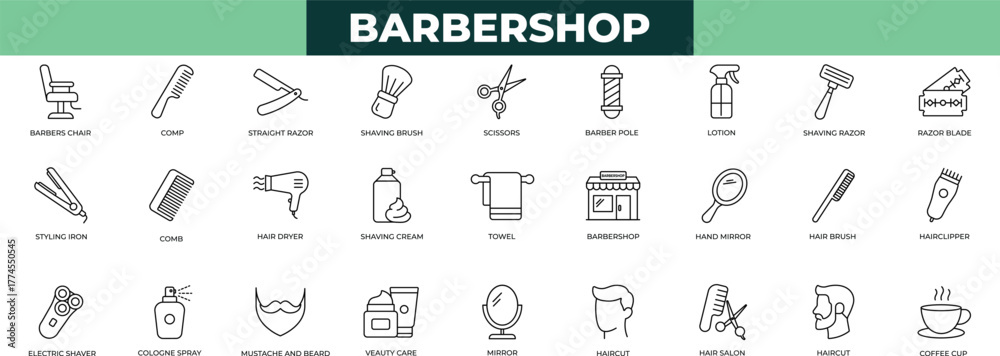 Obraz premium Barber shop elements - simple thin line icon set. hair drier, hand mirror, coffee cup, towel, beauty care, moustache, hairbrush icons collection