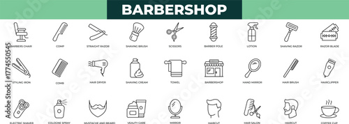 Barber shop elements - simple thin line icon set. hair drier, hand mirror, coffee cup, towel, beauty care, moustache, hairbrush icons collection